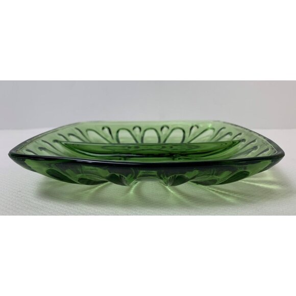 Vintage Green Glass Square Divided Serving Dish Retro Flower Design MCM 7"x7" - Picture 4 of 9